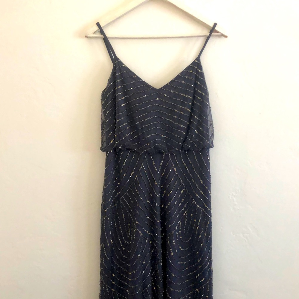 Adrianna Pappell Art Deco Beaded Blouson Dress | Gunmetal Gray | Size 6